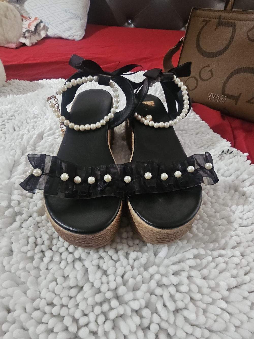 Guess Black Pearl-Embellished Platform Sandals
